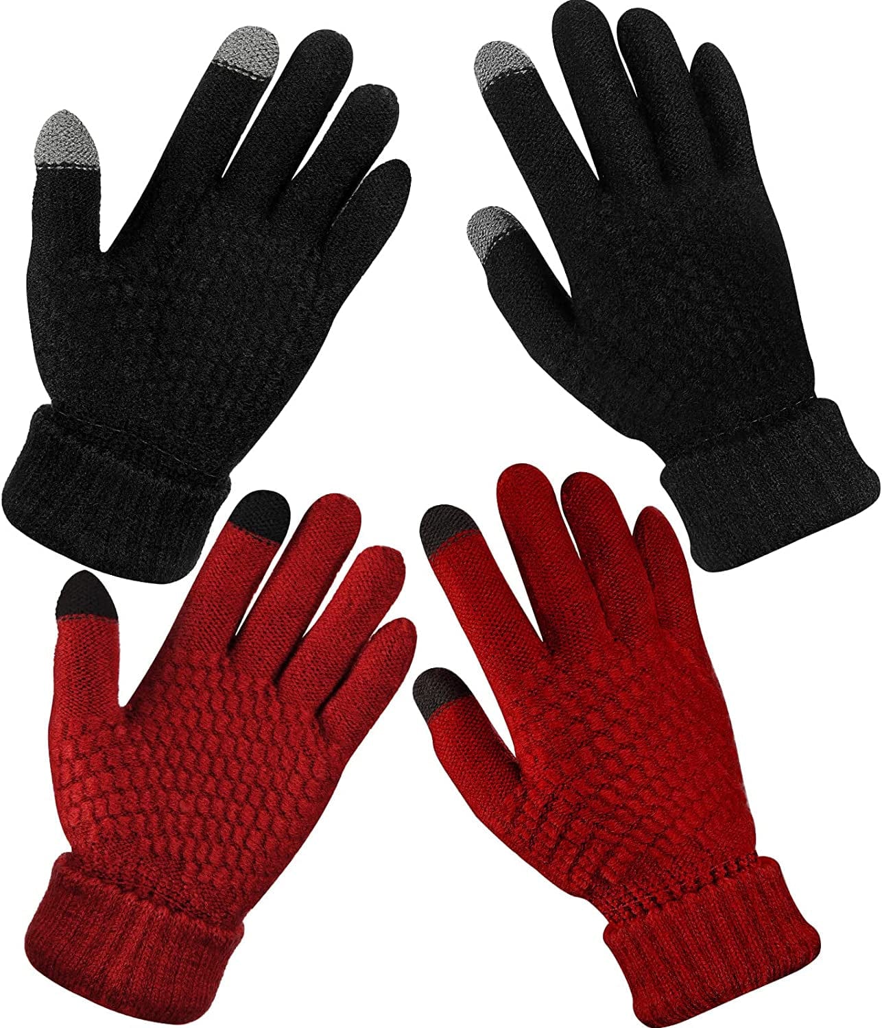 2 Pairs Women'S Winter Touchscreen Gloves Warm Fleece Lined Knit Gloves Elastic Cuff Winter Texting Gloves Apparel & Accessories > Clothing Accessories > Gloves & Mittens Geyoga Black, Red