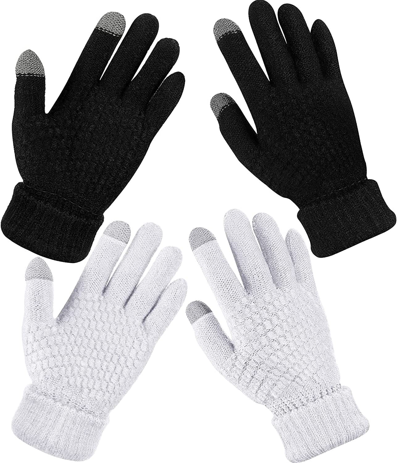 2 Pairs Women'S Winter Touchscreen Gloves Warm Fleece Lined Knit Gloves Elastic Cuff Winter Texting Gloves Apparel & Accessories > Clothing Accessories > Gloves & Mittens Geyoga Black, White