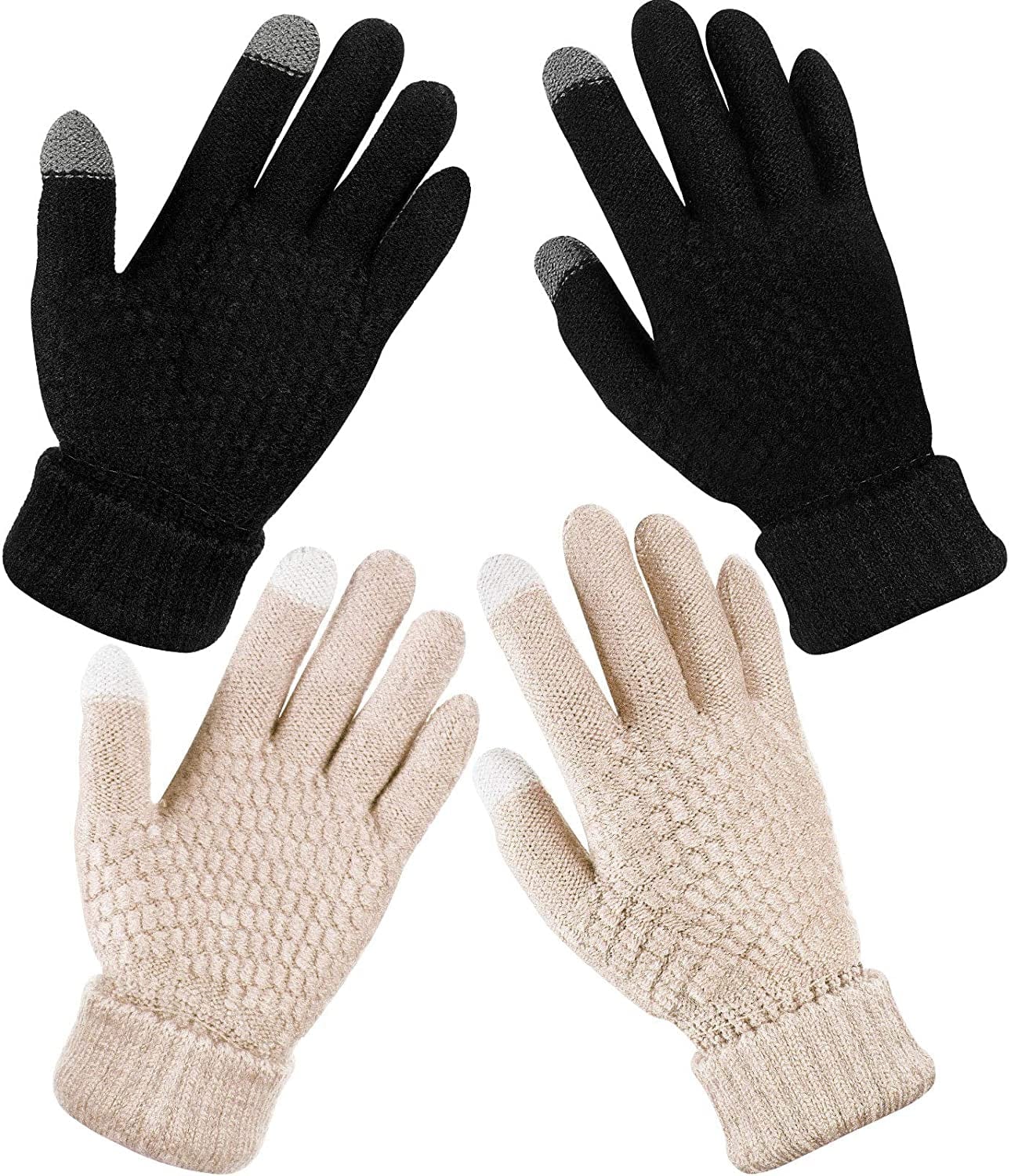 2 Pairs Women'S Winter Touchscreen Gloves Warm Fleece Lined Knit Gloves Elastic Cuff Winter Texting Gloves Apparel & Accessories > Clothing Accessories > Gloves & Mittens Geyoga Black, Beige
