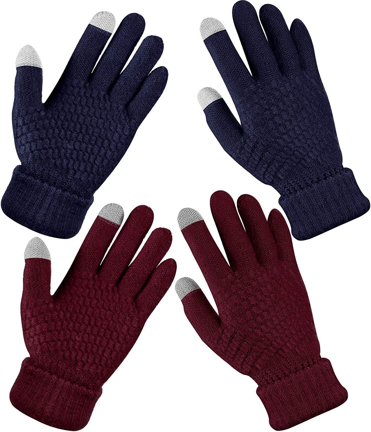 2 Pairs Women'S Winter Touchscreen Gloves Warm Fleece Lined Knit Gloves Elastic Cuff Winter Texting Gloves Apparel & Accessories > Clothing Accessories > Gloves & Mittens Geyoga Navy, Wine Red