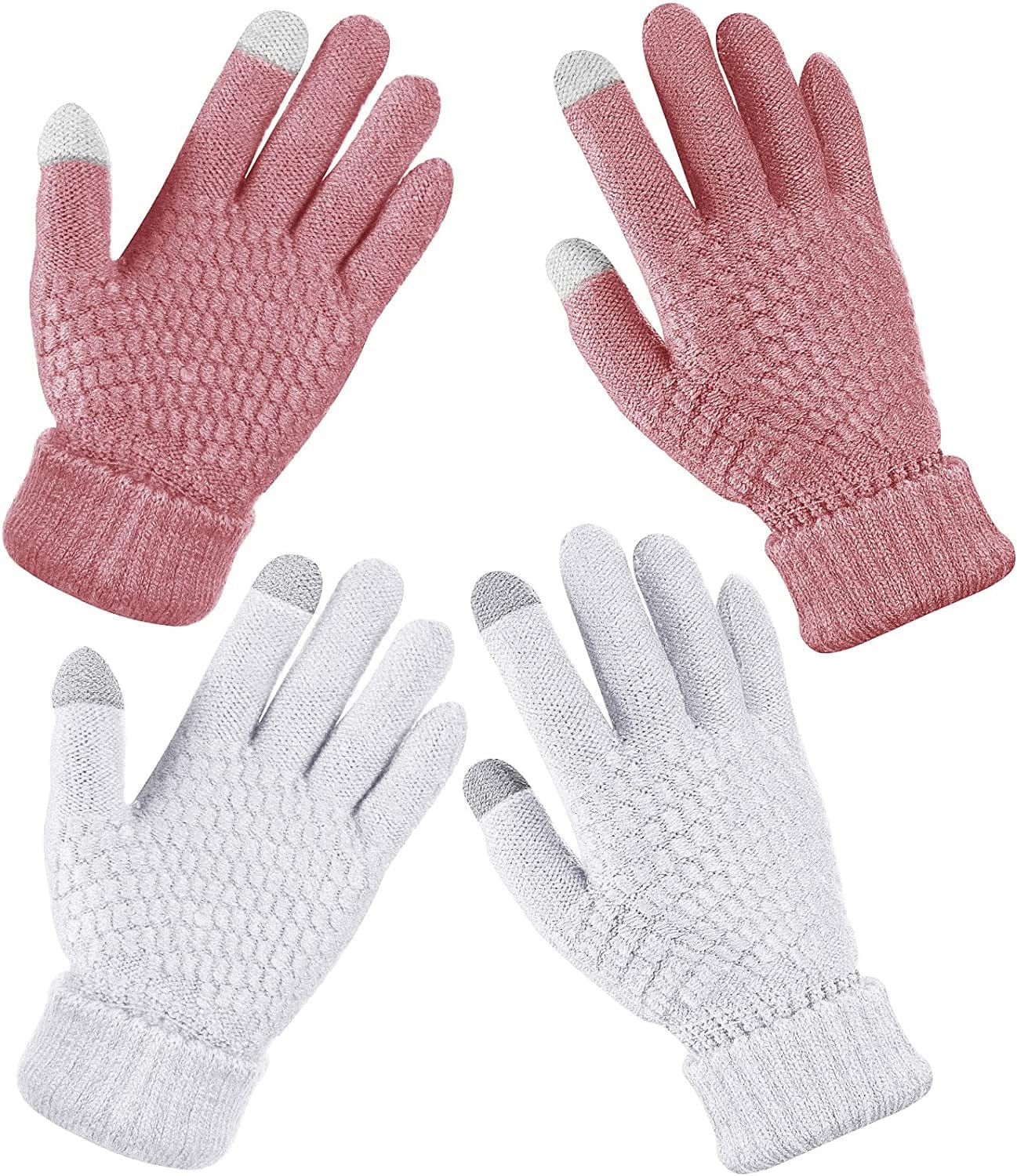 2 Pairs Women'S Winter Touchscreen Gloves Warm Fleece Lined Knit Gloves Elastic Cuff Winter Texting Gloves Apparel & Accessories > Clothing Accessories > Gloves & Mittens Geyoga White, Pink