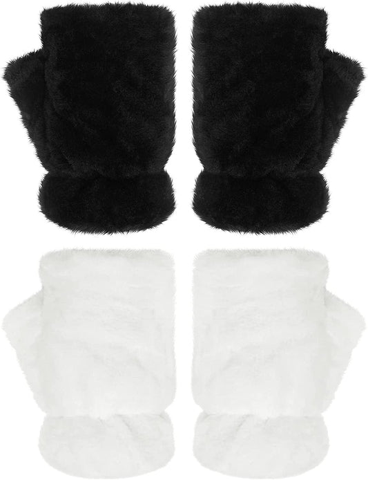 2 Pairs Women Winter Fingerless Mittens Warm Furry Gloves Convertible Fingerless Gloves Half Finger Arm Warmer Gloves Soft Faux Fur Gloves Smooth Furry Gloves Rabbit Fur Mittens for Girls Apparel & Accessories > Clothing Accessories > Gloves & Mittens Geyoga