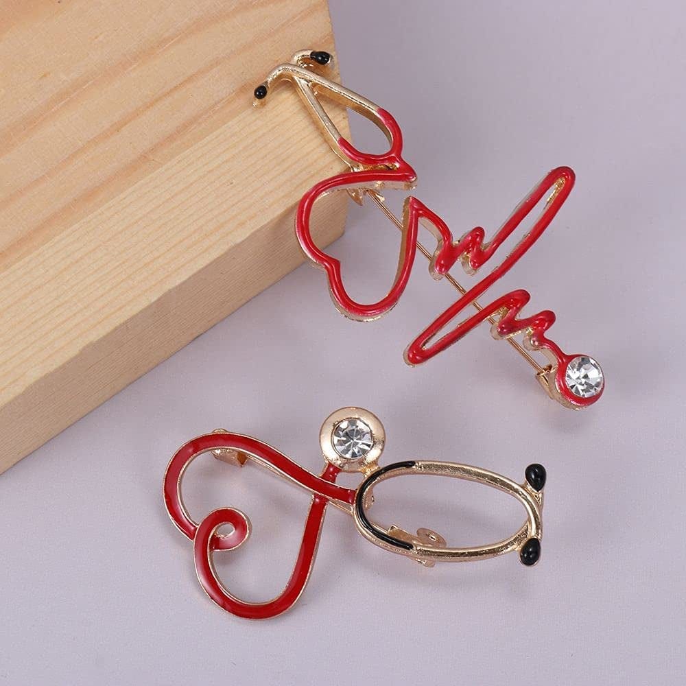 2 PCS Nurse Doctor Gift Enamel Pin Backpack Badge Pendant Lapel Pins Stethoscope Brooch Electrocardiogram Medical Heart Shaped