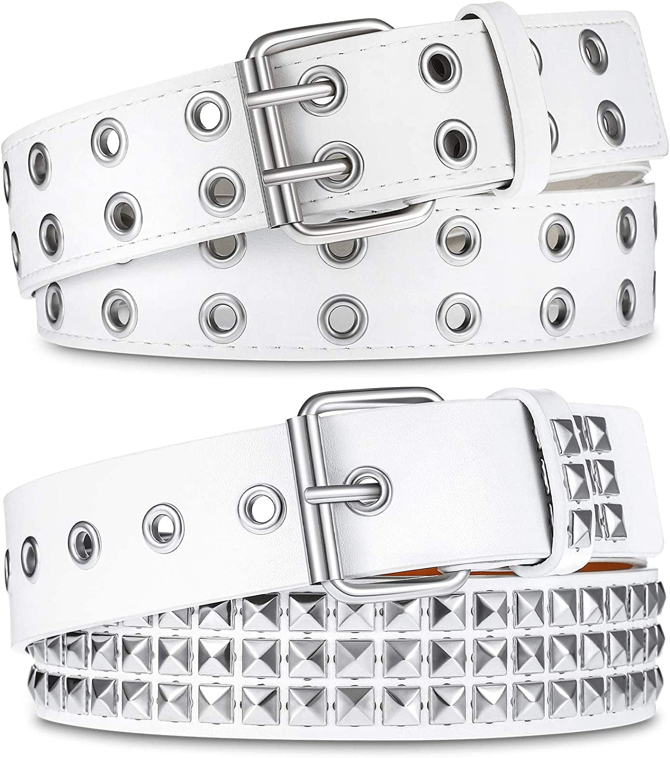 2 Pcs Rivet Studded Punk Belt Double Grommet Belt Gothic Belt for Women Men Gift Apparel & Accessories > Clothing Accessories > Belts Syhood White