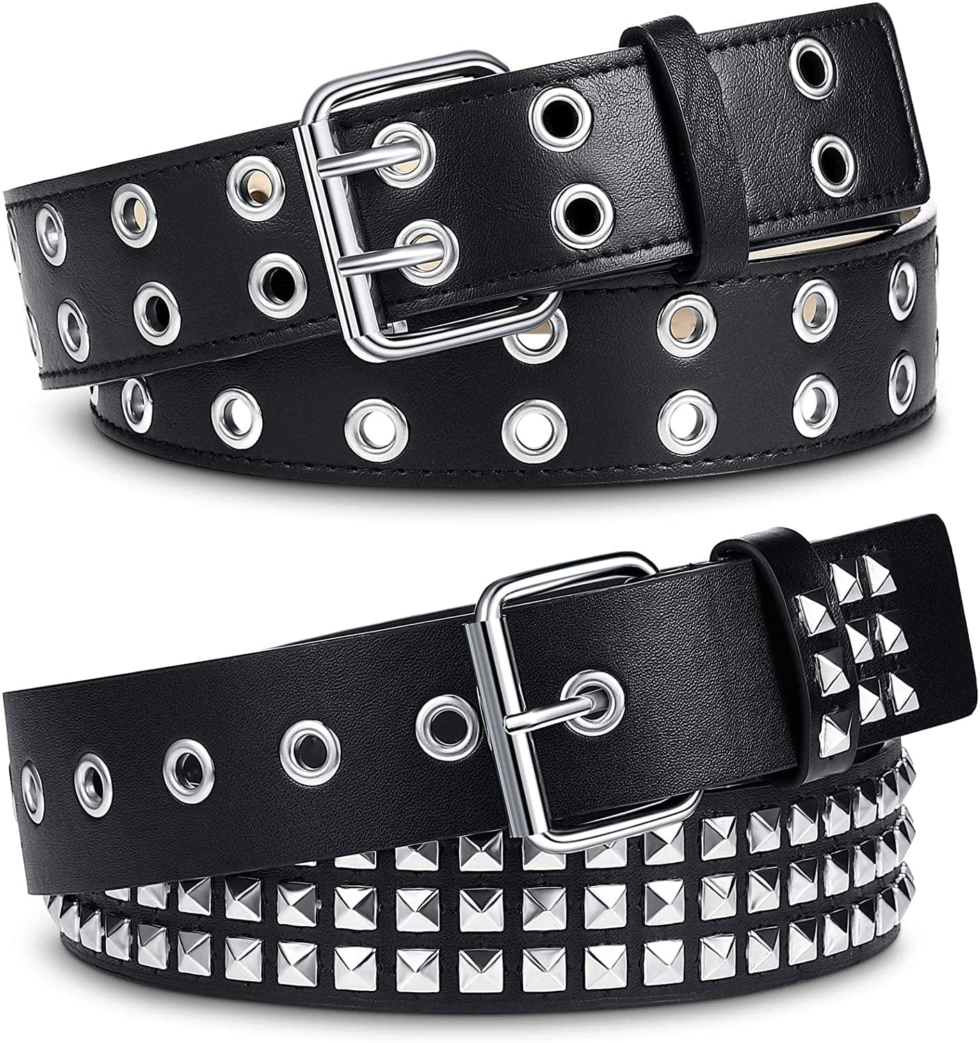 2 Pcs Rivet Studded Punk Belt Double Grommet Belt Gothic Belt for Women Men Gift Apparel & Accessories > Clothing Accessories > Belts Syhood Black