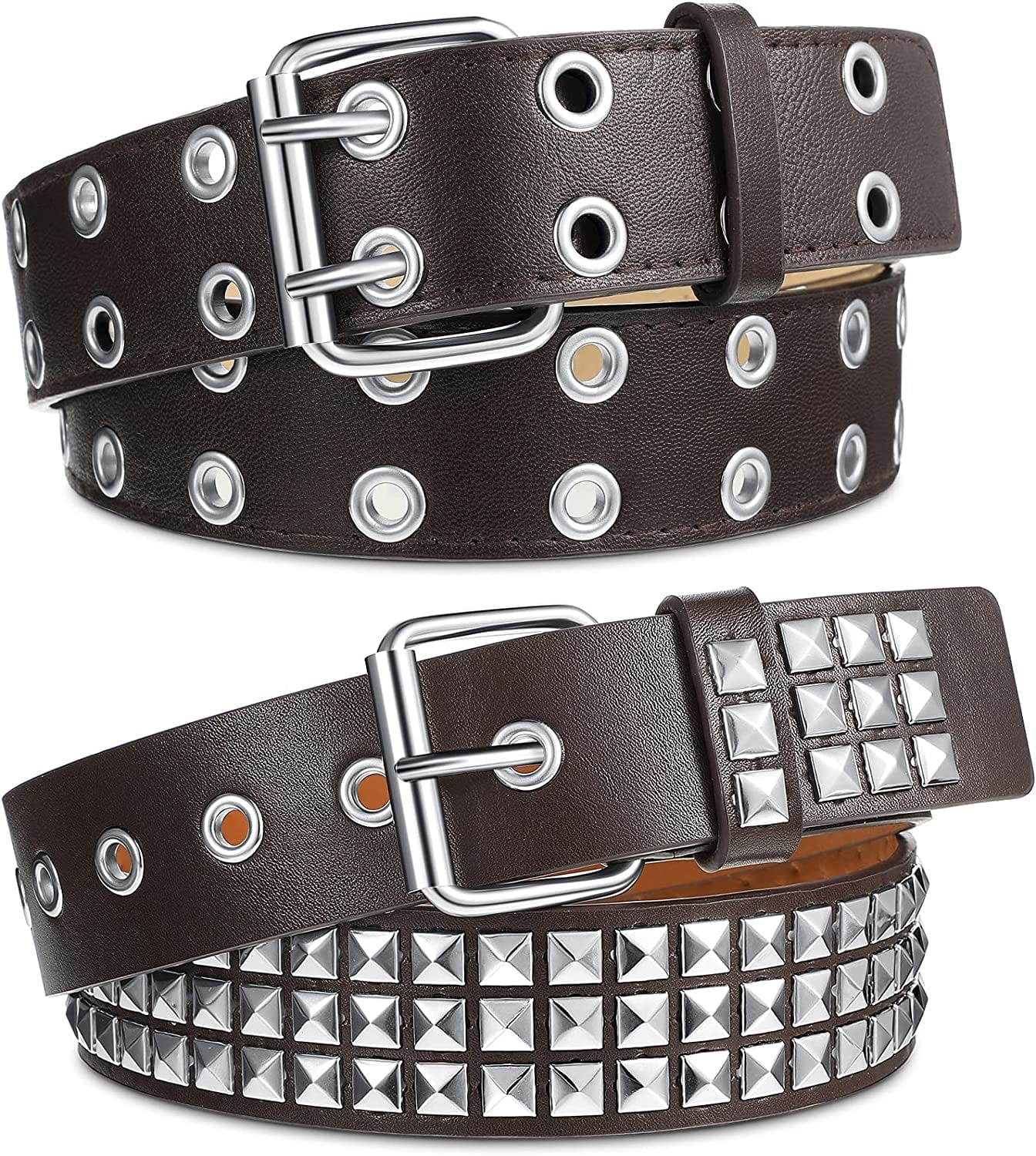 2 Pcs Rivet Studded Punk Belt Double Grommet Belt Gothic Belt for Women Men Gift Apparel & Accessories > Clothing Accessories > Belts Syhood Coffee Color