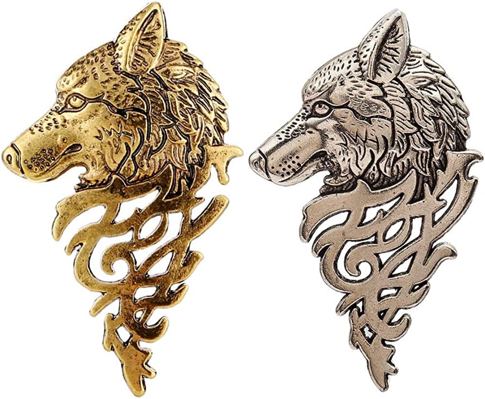 2 Pcs Vintage Wolf Head Lapel Brooch Set. Antique Animal Suit Collar Brooch Pin, Sweater Shawl Scarf Badge for Men Women Set 1