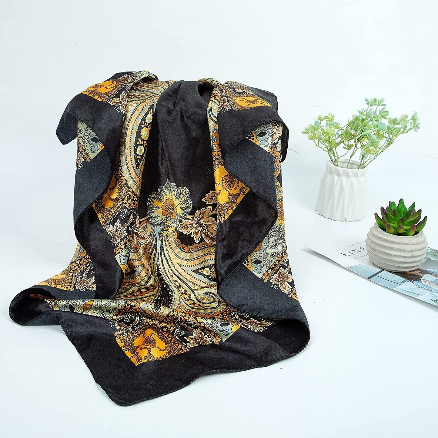 2 PCS Womens Satin Scarf Large Square Silk Feeling Head Hair Scarves Wraps for Sleeping 35 X 35 Inches Apparel & Accessories > Clothing Accessories > Bandanas & Headties Senker Fashion