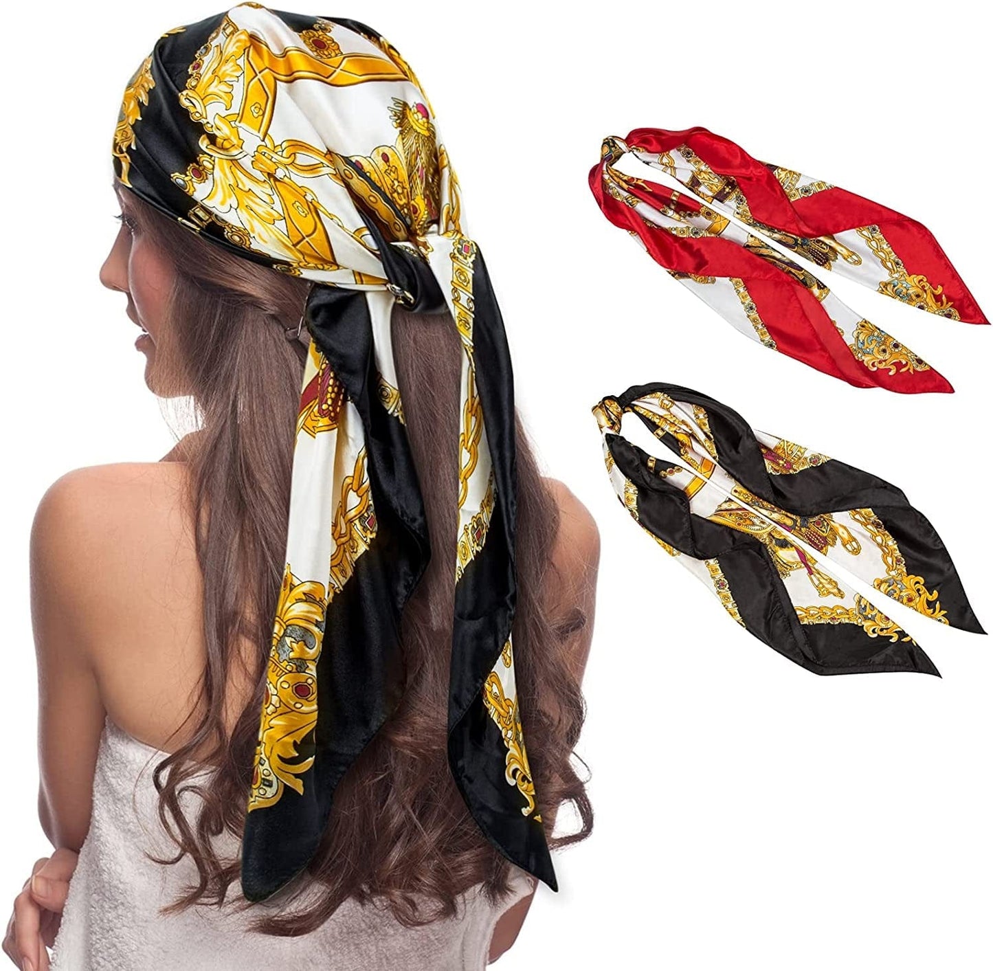 2 PCS Womens Satin Scarf Large Square Silk Feeling Head Hair Scarves Wraps for Sleeping 35 X 35 Inches Apparel & Accessories > Clothing Accessories > Bandanas & Headties Senker Fashion A-black&wine Red