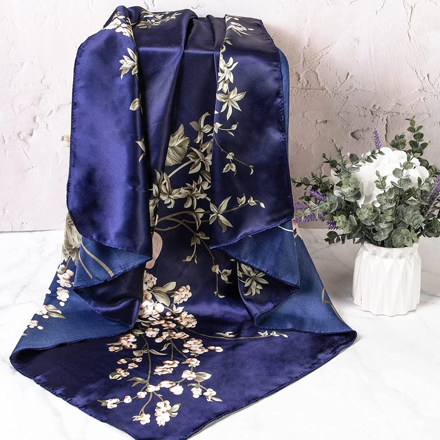 2 PCS Womens Satin Scarf Large Square Silk Feeling Head Hair Scarves Wraps for Sleeping 35 X 35 Inches,Ivory&Navy Blue Apparel & Accessories > Clothing Accessories > Bandanas & Headties Senker