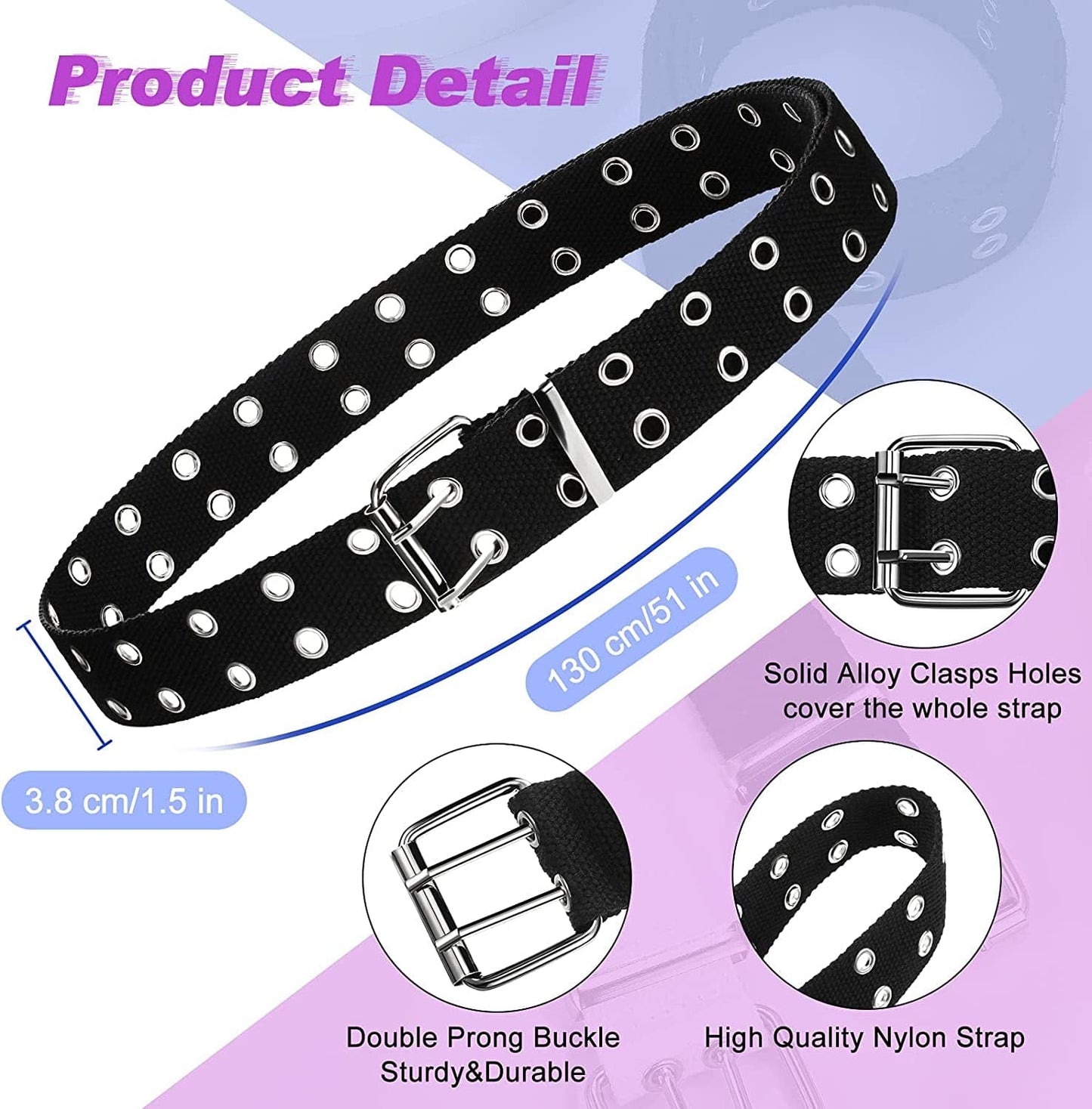 2 Pieces Double Grommet Canvas Belts Two-Hole Jeans Vintage Buckle Punk Belts for Men and Women Apparel & Accessories > Clothing Accessories > Belts Geyoga