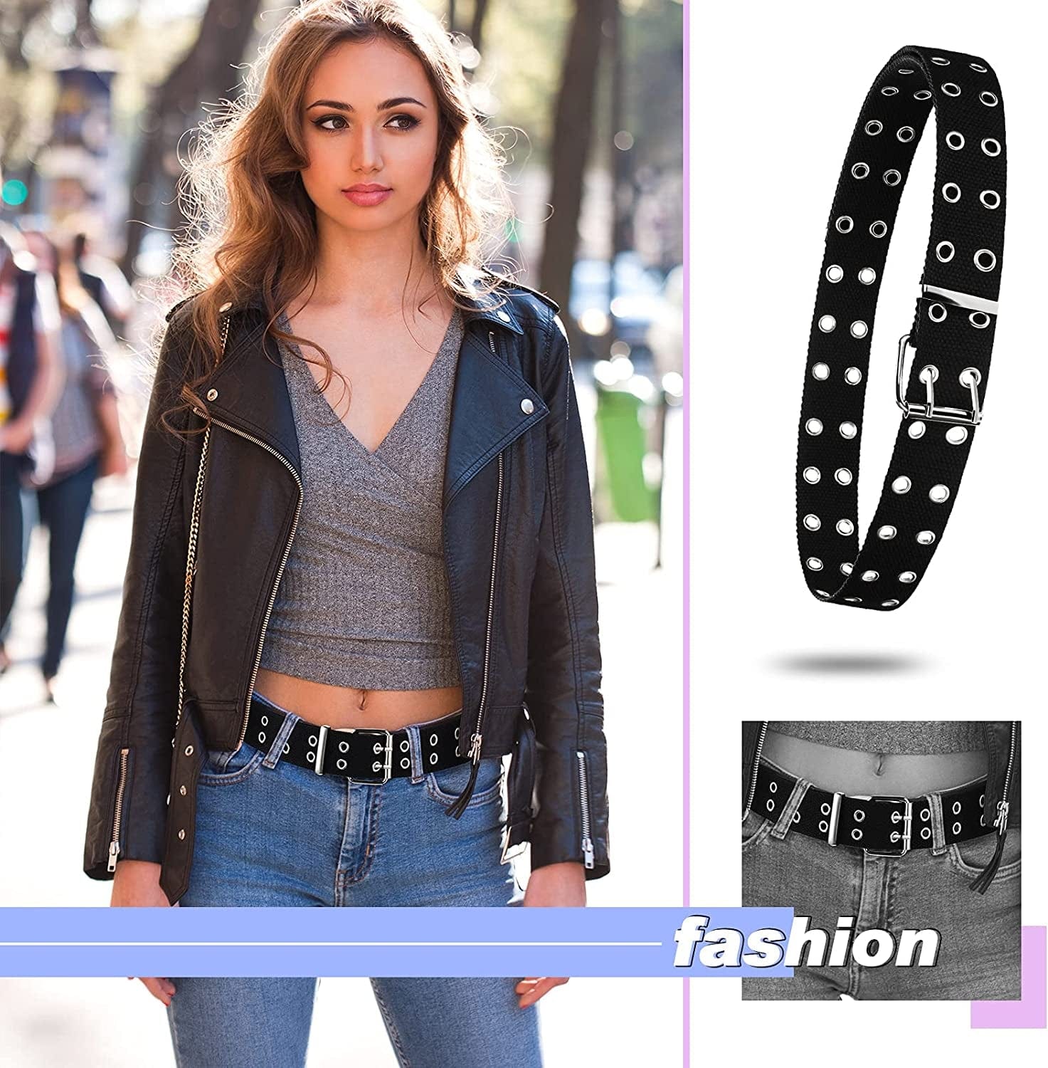 2 Pieces Double Grommet Canvas Belts Two-Hole Jeans Vintage Buckle Punk Belts for Men and Women Apparel & Accessories > Clothing Accessories > Belts Geyoga