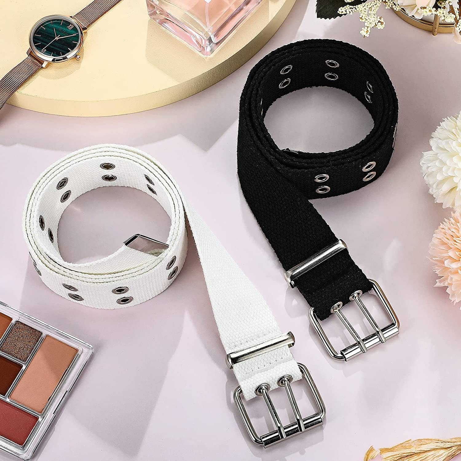 2 Pieces Double Grommet Canvas Belts Two-Hole Jeans Vintage Buckle Punk Belts for Men and Women Apparel & Accessories > Clothing Accessories > Belts Geyoga
