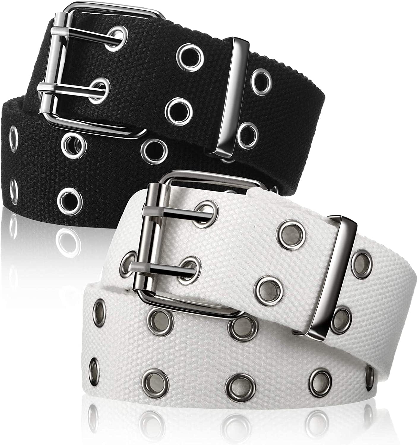 2 Pieces Double Grommet Canvas Belts Two-Hole Jeans Vintage Buckle Punk Belts for Men and Women Apparel & Accessories > Clothing Accessories > Belts Geyoga Black and White 120 cm