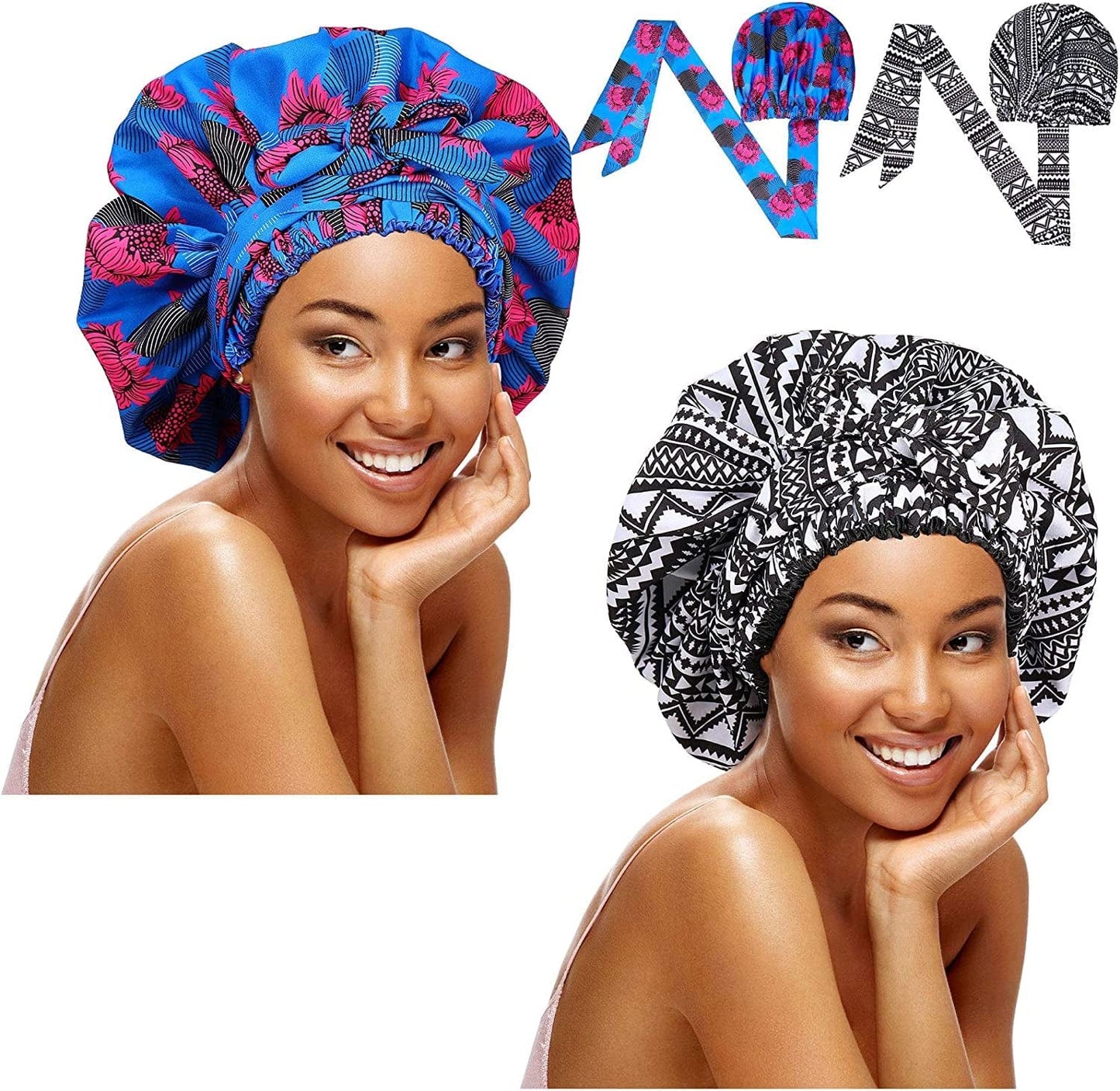 2 Pieces Soft Satin Head Scarf Sleeping Cap Bonnet Headwear Head Wrap Turbans for Women Long Curly Hair, Braids Apparel & Accessories > Clothing Accessories > Headwear Syhood Retro Pattern