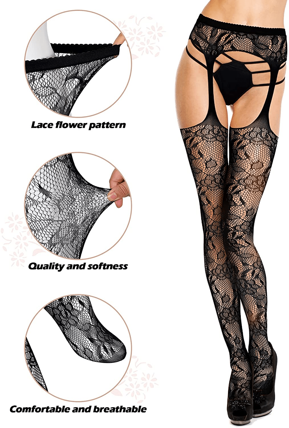 2 Pieces Suspender Pantyhose Long Floral Lace Gloves Stocking Fishnet Tights Garter Belt Stockings for Women, Black Apparel & Accessories > Clothing > Underwear & Socks > Lingerie Geyoga