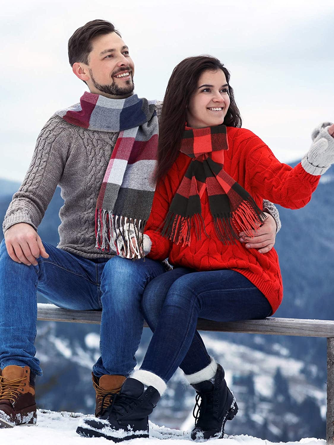 2 Pieces Women Buffalo Plaid Scarf Winter Buffalo Check Scarves Warm Blanket Scarf Plaid Wrap Shawl Apparel & Accessories > Clothing Accessories > Scarves & Shawls SATINIOR