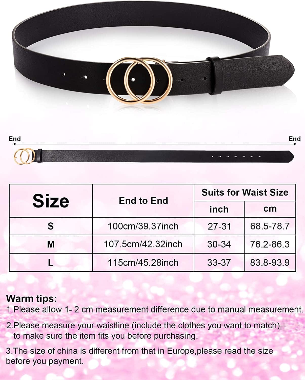 2 Pieces Women Leather Belt Faux Leather Waist Belts with Double O-Ring Buckle (Black and Leopard, Small) Apparel & Accessories > Clothing Accessories > Belts Syhood
