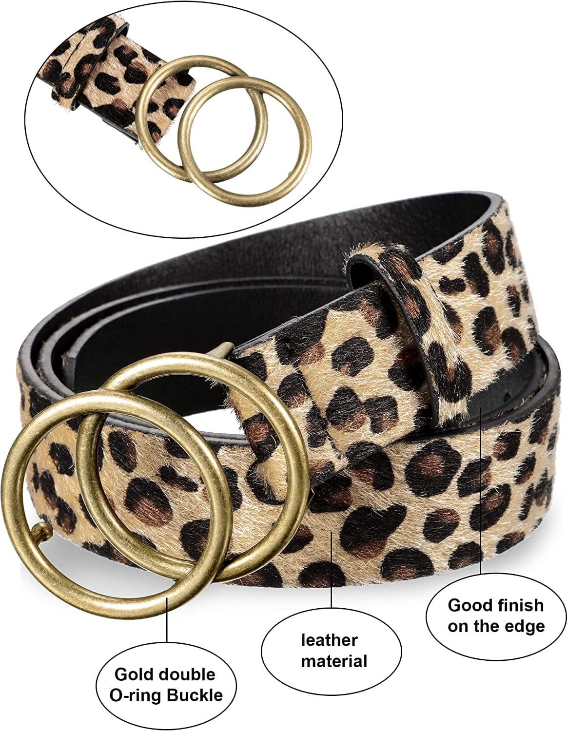 2 Pieces Women Leather Belt Faux Leather Waist Belts with Double O-Ring Buckle (Black and Leopard, Small) Apparel & Accessories > Clothing Accessories > Belts Syhood