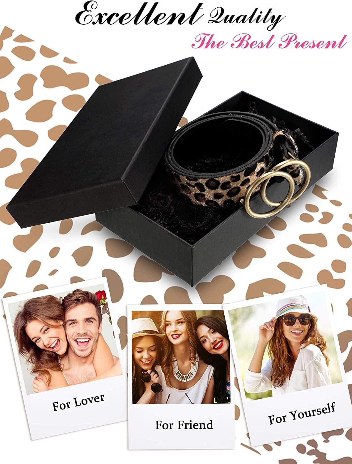 2 Pieces Women Leather Belt Faux Leather Waist Belts with Double O-Ring Buckle (Black and Leopard, Small) Apparel & Accessories > Clothing Accessories > Belts Syhood