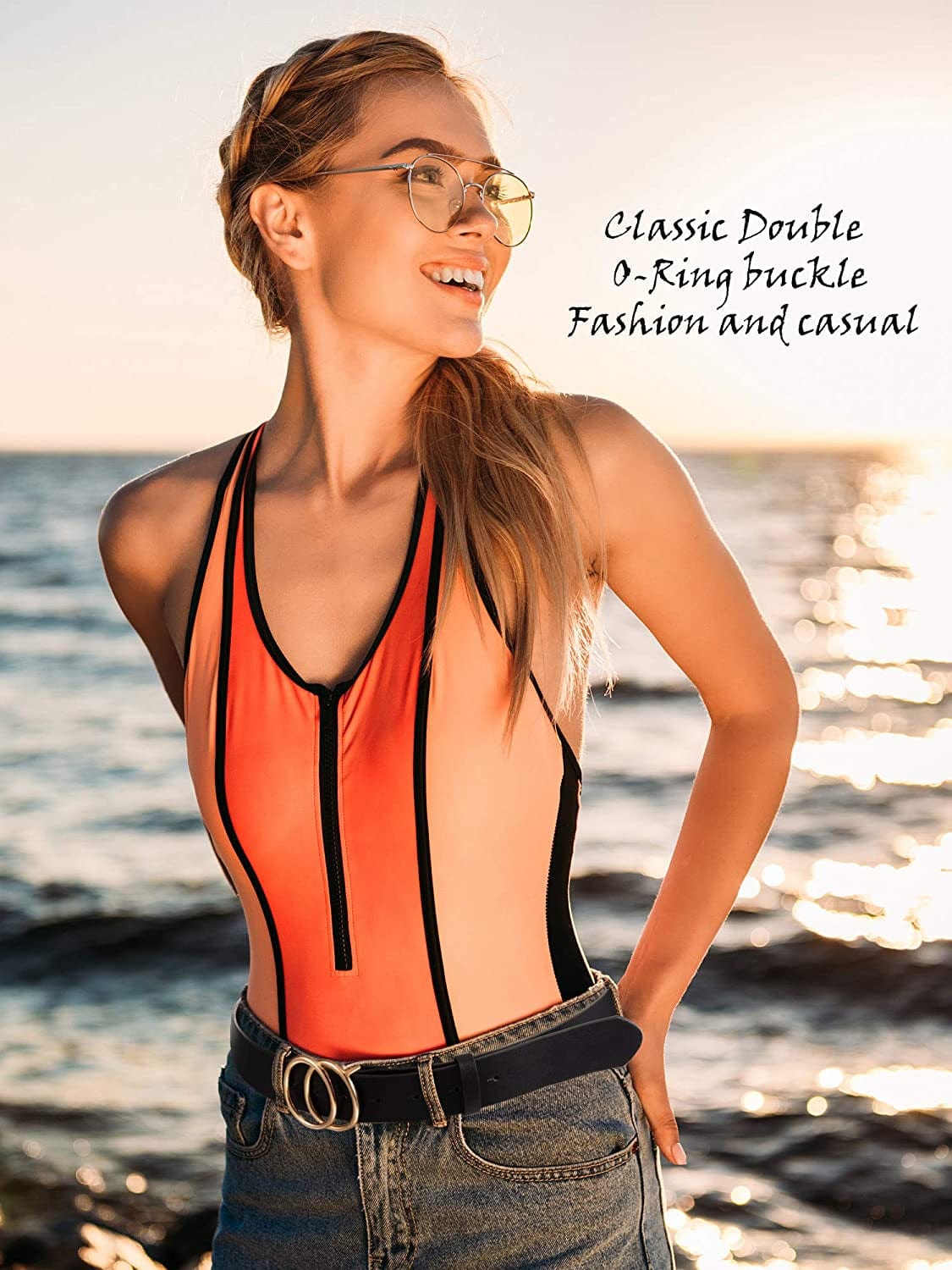 2 Pieces Women Leather Belt Faux Leather Waist Belts with Double O-Ring Buckle (Color Set 3, M) Apparel & Accessories > Clothing Accessories > Belts Syhood
