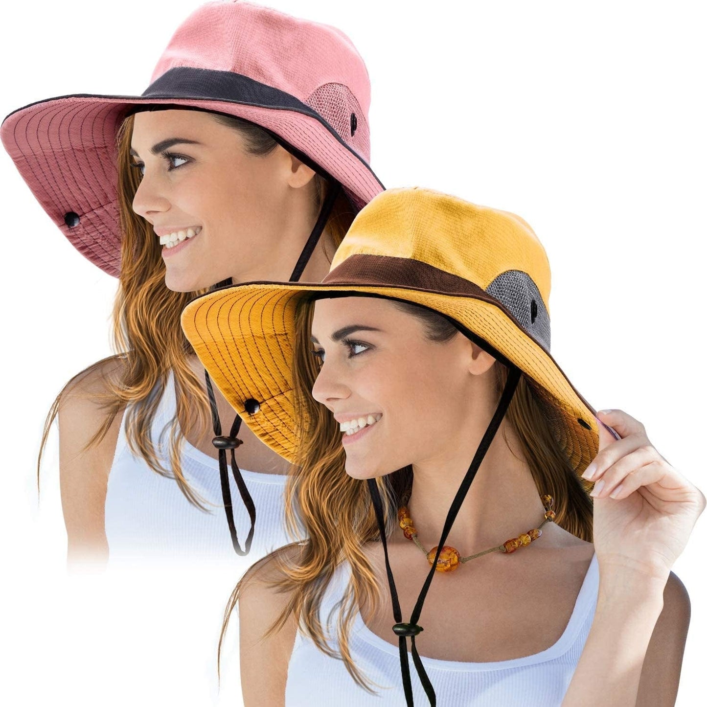 2 Pieces Women'S Outdoor Sun Hat UV Protection Foldable Mesh Wide Brim Beach Fishing Cap Apparel & Accessories > Clothing Accessories > Hats Norme Pink, Yellow