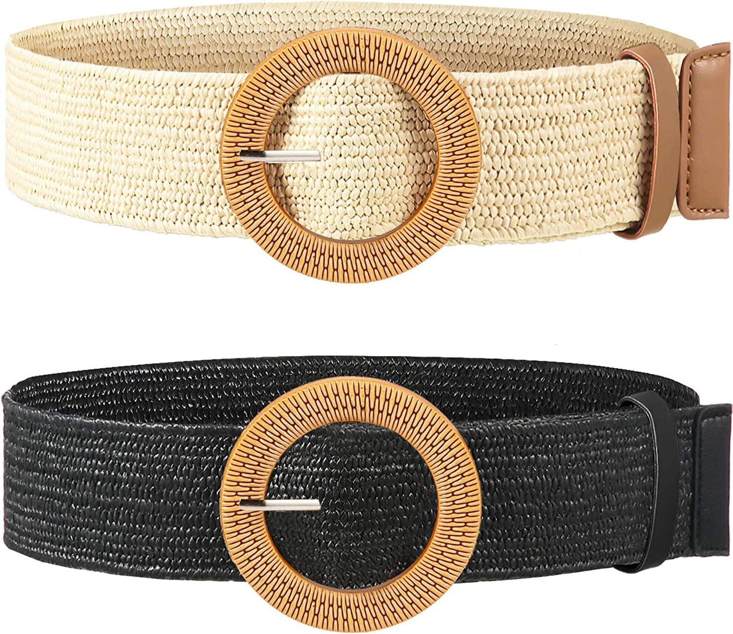 2 Pieces Women Straw Woven Elastic Stretch Waist Belt Skinny Dress Braided Waist Belt with Wooden Style Buckle Apparel & Accessories > Clothing Accessories > Belts SATINIOR Black and White 39.37 Inches
