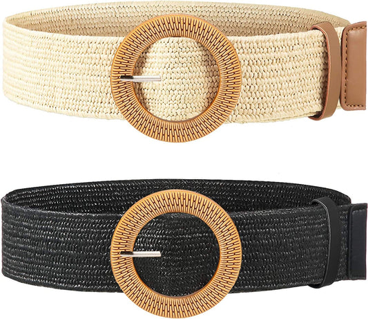 2 Pieces Women Straw Woven Elastic Stretch Waist Belt Skinny Dress Braided Waist Belt with Wooden Style Buckle Apparel & Accessories > Clothing Accessories > Belts SATINIOR Black and White 39.37 Inches