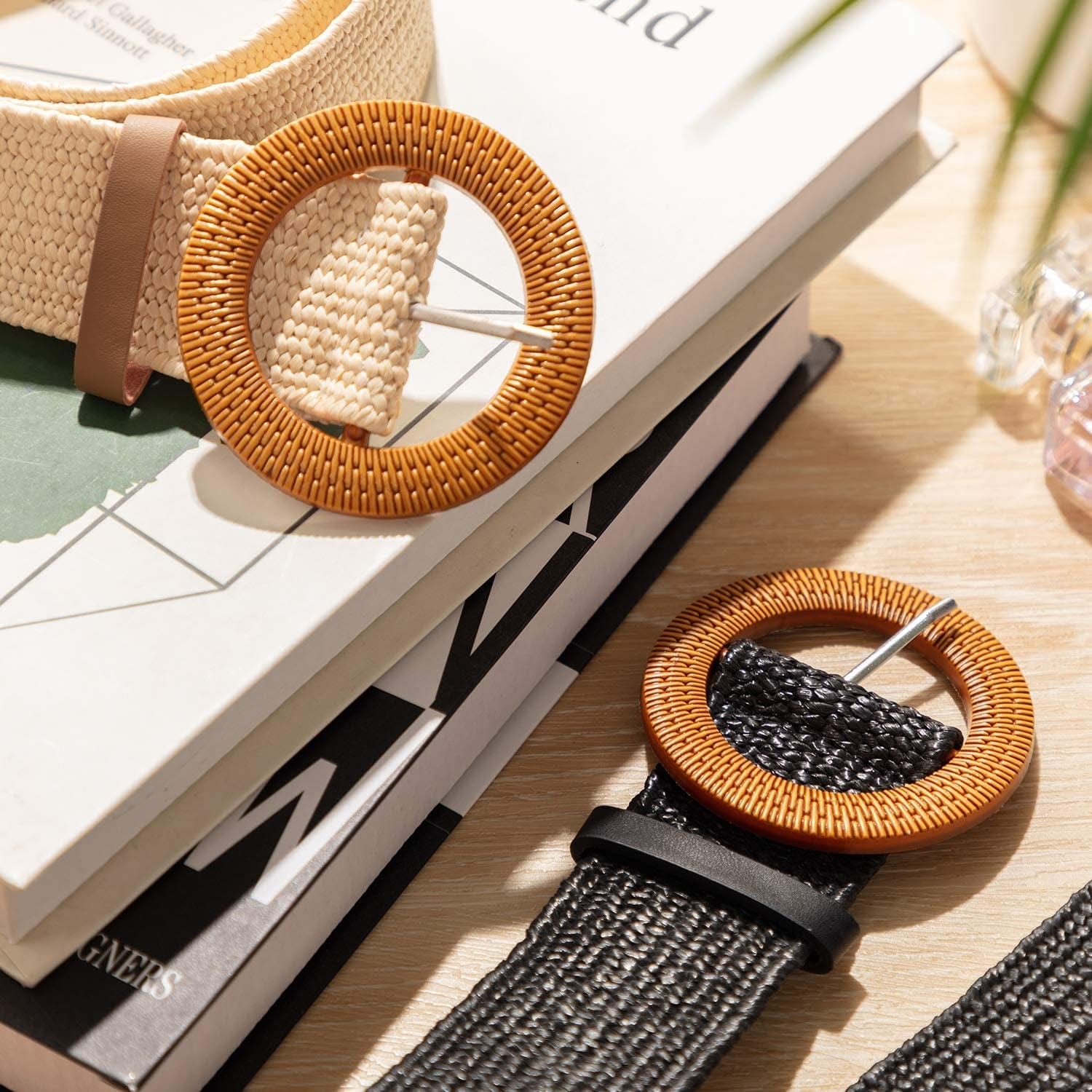 2 Pieces Women Straw Woven Elastic Stretch Waist Belt Skinny Dress Braided Waist Belt with Wooden Style Buckle Apparel & Accessories > Clothing Accessories > Belts SATINIOR