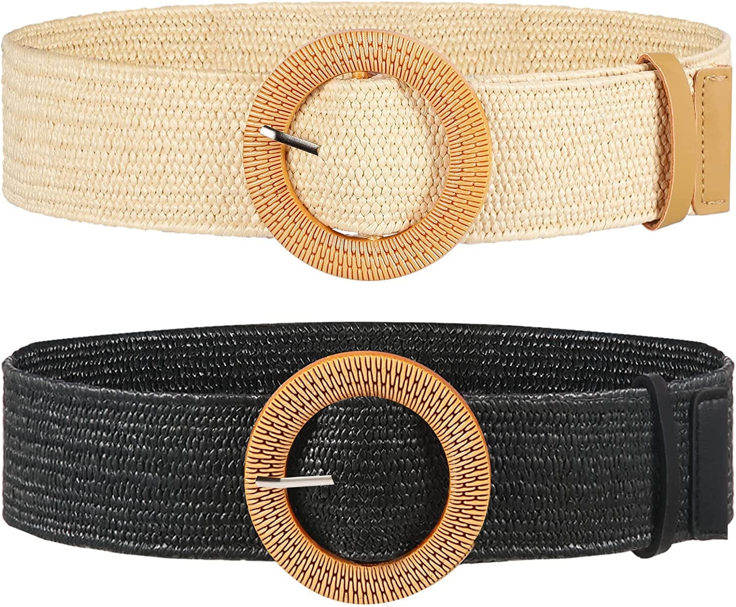 2 Pieces Women Straw Woven Elastic Stretch Waist Belt Skinny Dress Braided Waist Belt with Wooden Style Buckle Apparel & Accessories > Clothing Accessories > Belts SATINIOR Black and Beige 41.34 Inches