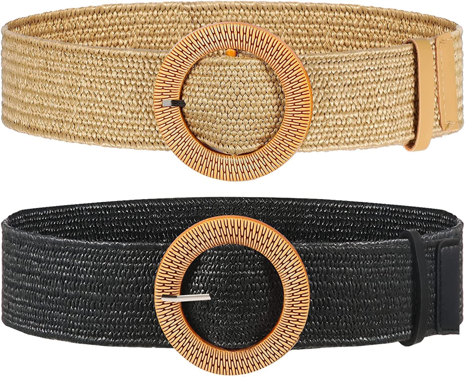 2 Pieces Women Straw Woven Elastic Stretch Waist Belt Skinny Dress Braided Waist Belt with Wooden Style Buckle Apparel & Accessories > Clothing Accessories > Belts SATINIOR Black and Natural 41.34 Inches
