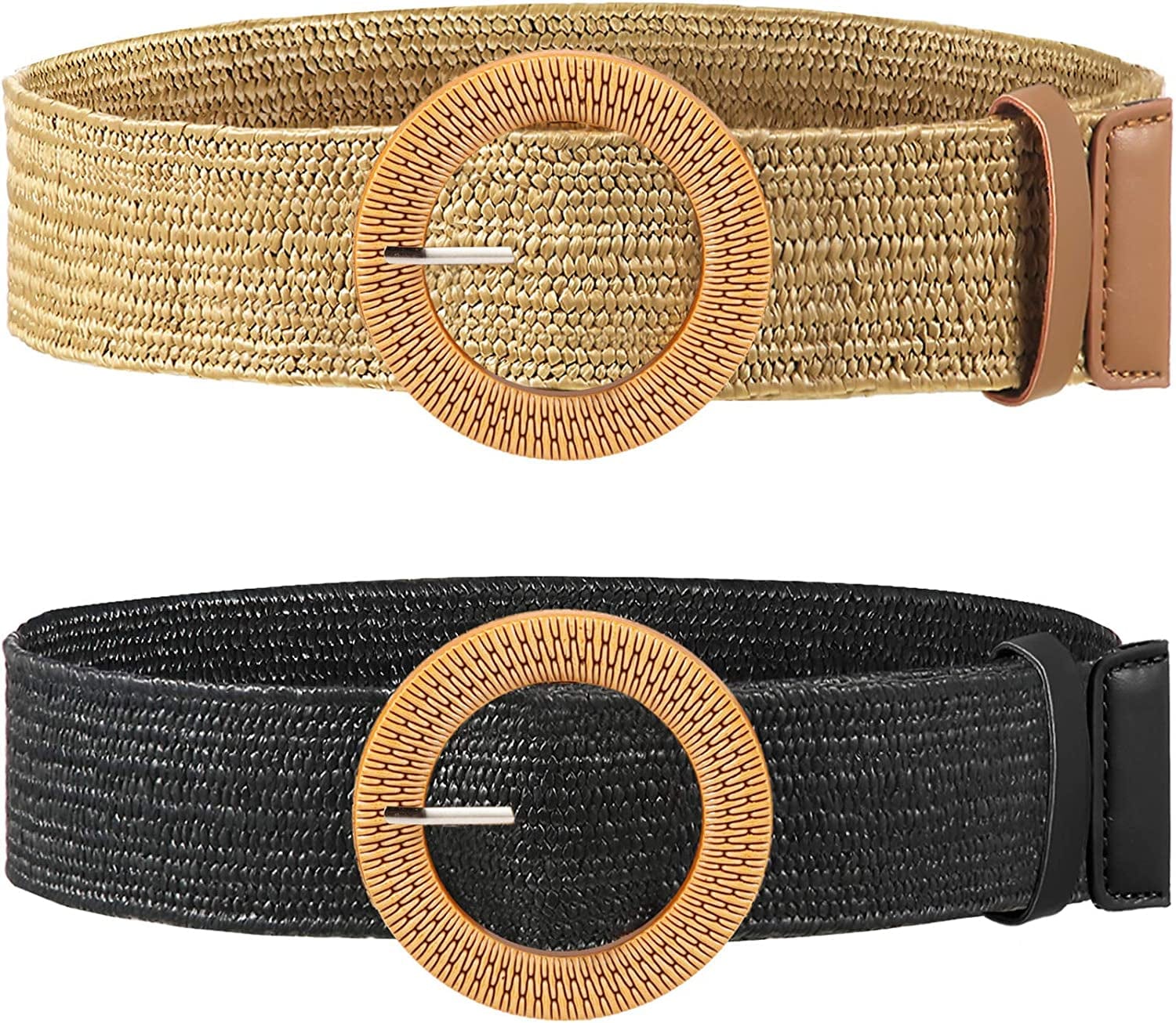 2 Pieces Women Straw Woven Elastic Stretch Waist Belt Skinny Dress Braided Waist Belt with Wooden Style Buckle Apparel & Accessories > Clothing Accessories > Belts SATINIOR Black and Khaki 39.37 Inches