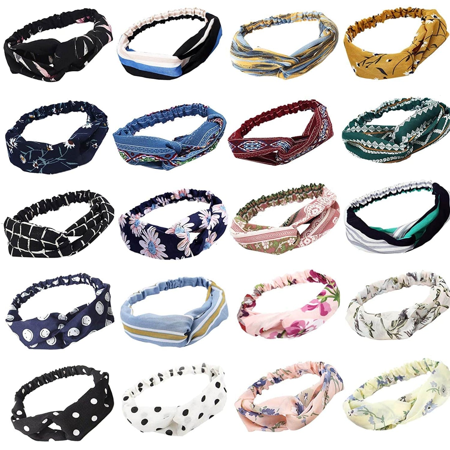 20 Pack Women Headbands with Twist Knot Boho Flower Print Criss Cross Head Wrap Elastic Hair Band - A Apparel & Accessories > Clothing Accessories > Bandanas & Headties RIY Retro