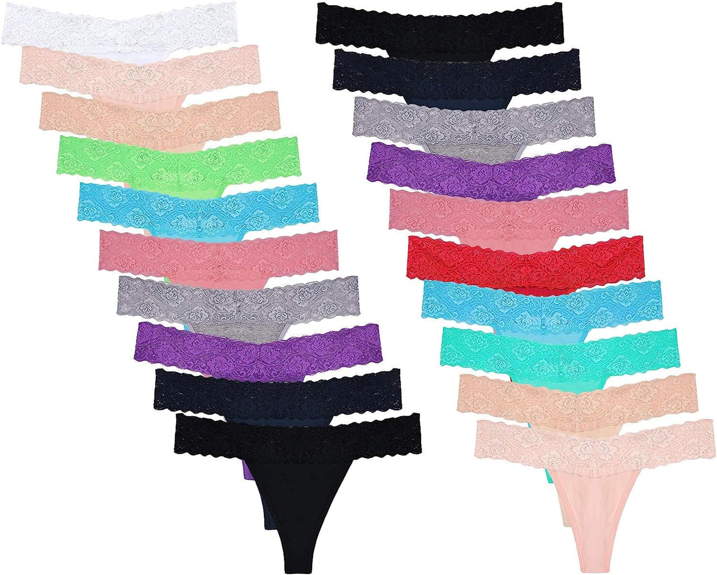 20 Pack Womens Lace Thongs Underwear Seamless T Back Low Waist See through Panties Pack of 20 / XX-Large