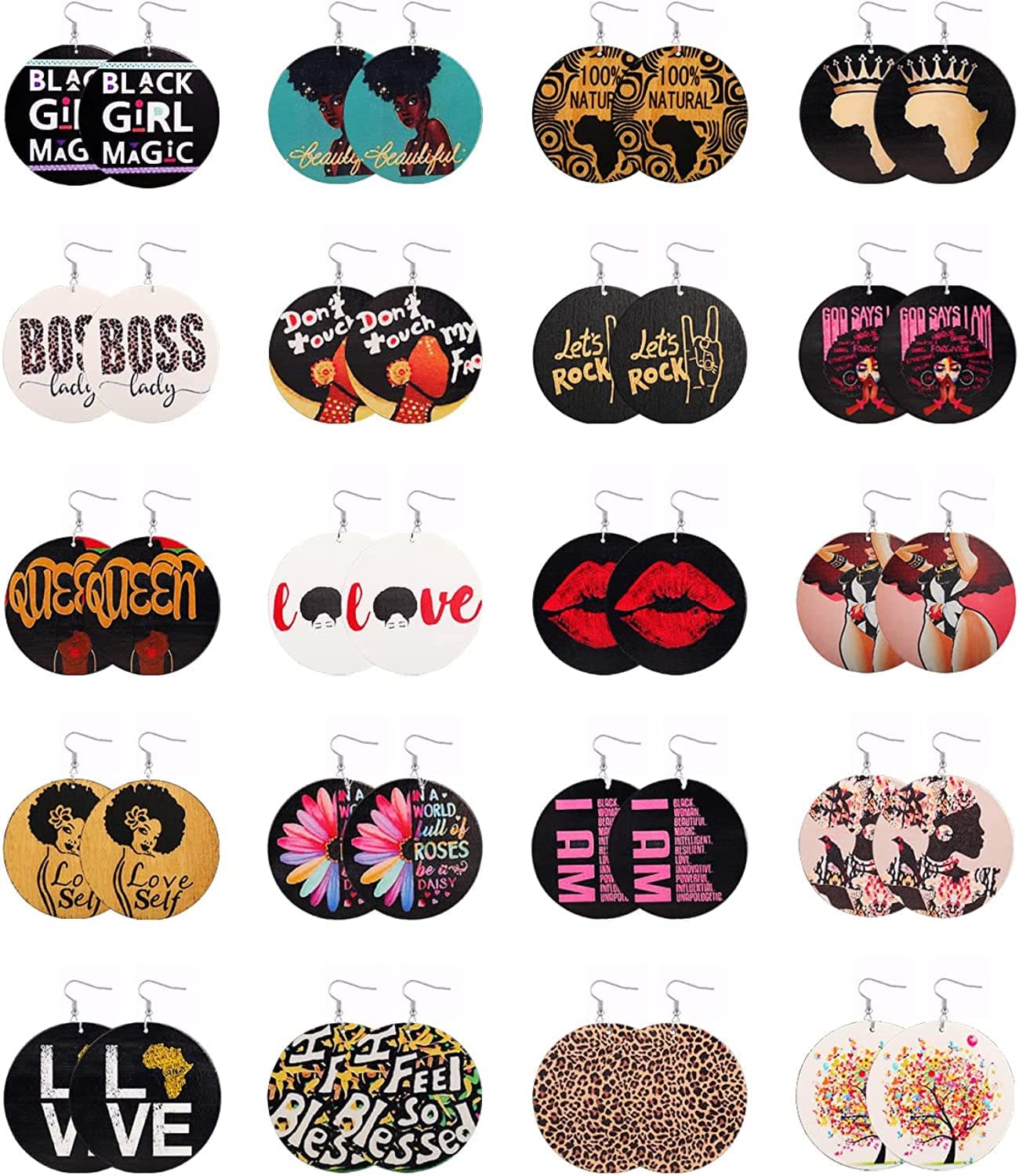 20 Pairs African Earrings for Women Wooden Black Lives Matter Earrings African Map round Painted Wooden Earrings Statement Ethnic Dangle Earring Style E