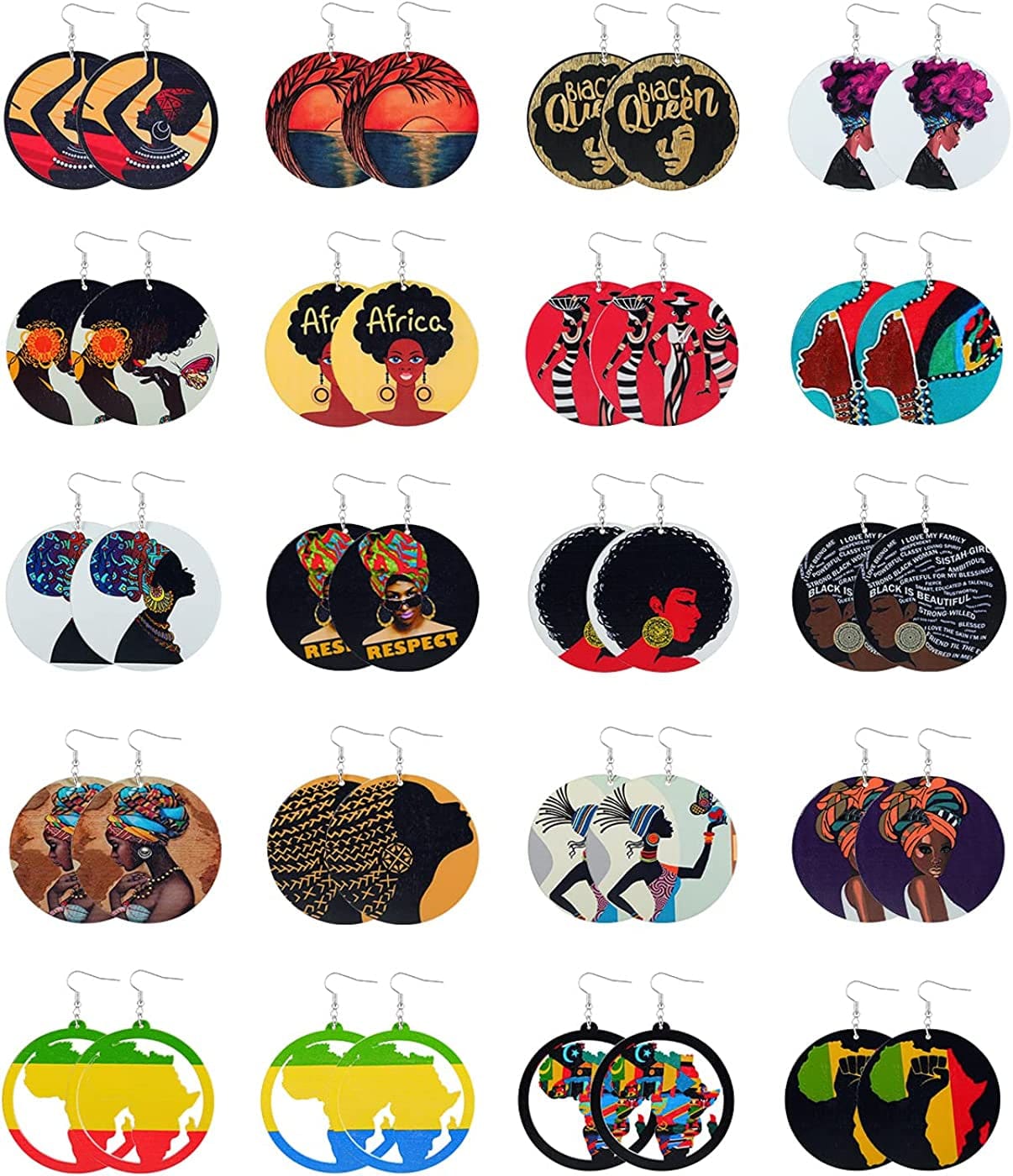 20 Pairs African Earrings for Women Wooden Black Lives Matter Earrings African Map round Painted Wooden Earrings Statement Ethnic Dangle Earring Style B
