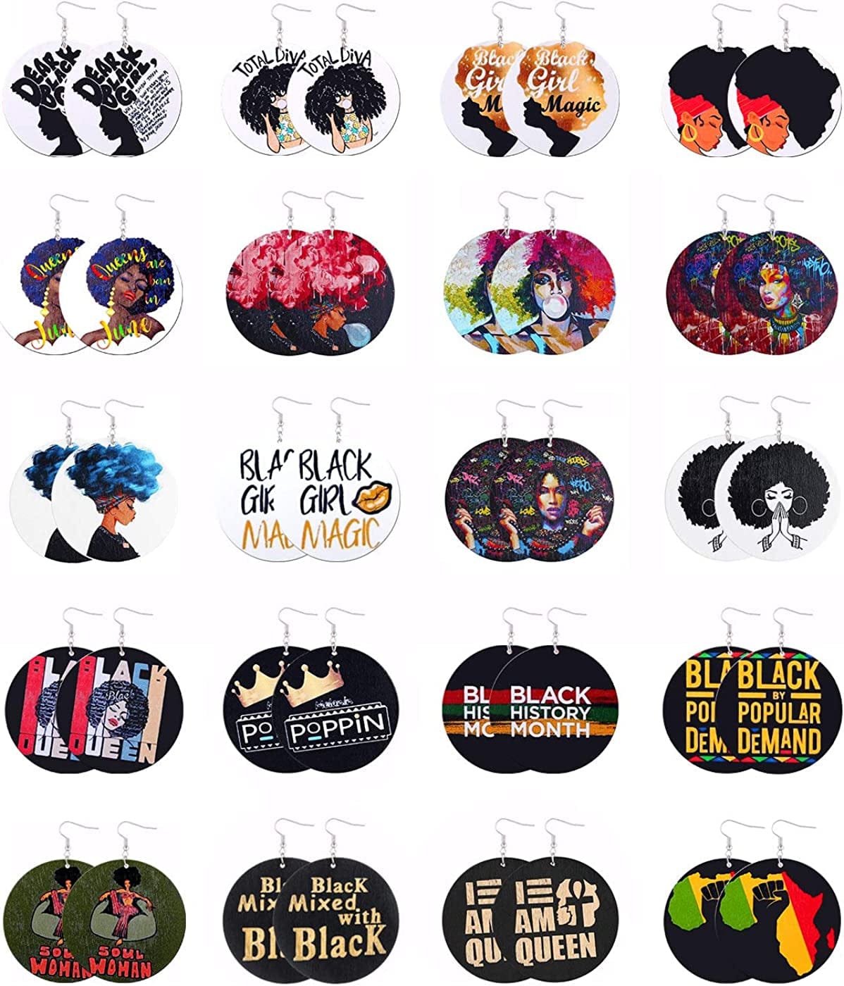 20 Pairs African Earrings for Women Wooden Black Lives Matter Earrings African Map round Painted Wooden Earrings Statement Ethnic Dangle Earring Style C