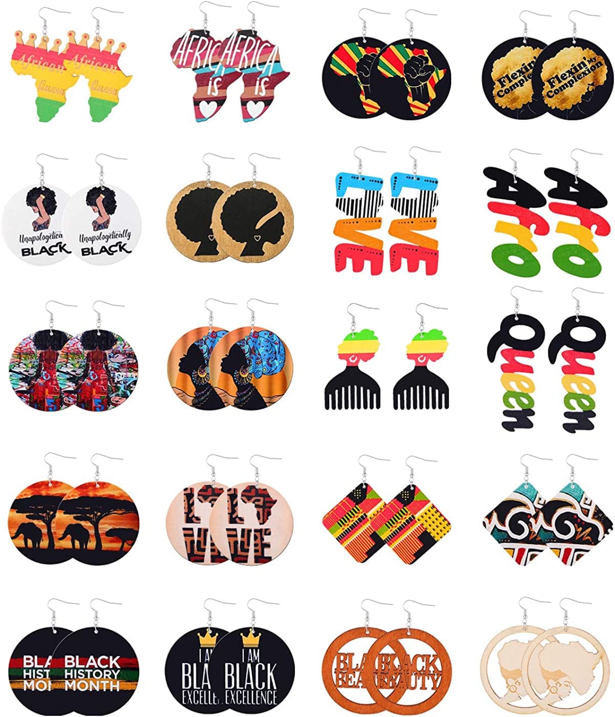20 Pairs African Earrings for Women Wooden Black Lives Matter Earrings African Map round Painted Wooden Earrings Statement Ethnic Dangle Earring Style A