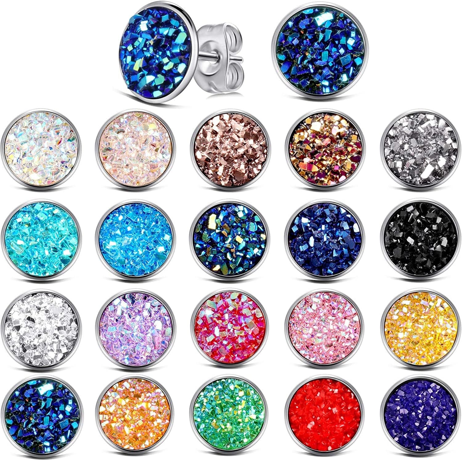 20 Pairs round Stud Earrings Stainless Steel Druzy Studs Earrings Set Anti-Sensitive Fits Women Girls 6.0 Millimeters