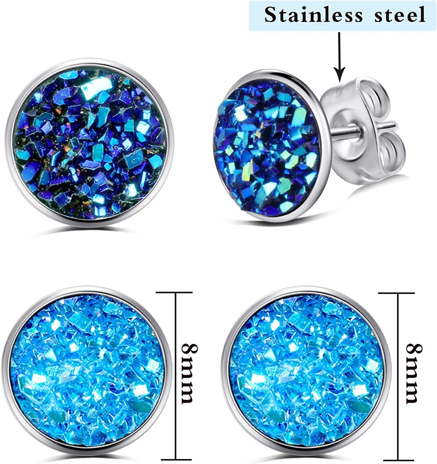 20 Pairs round Stud Earrings Stainless Steel Druzy Studs Earrings Set Anti-Sensitive Fits Women Girls