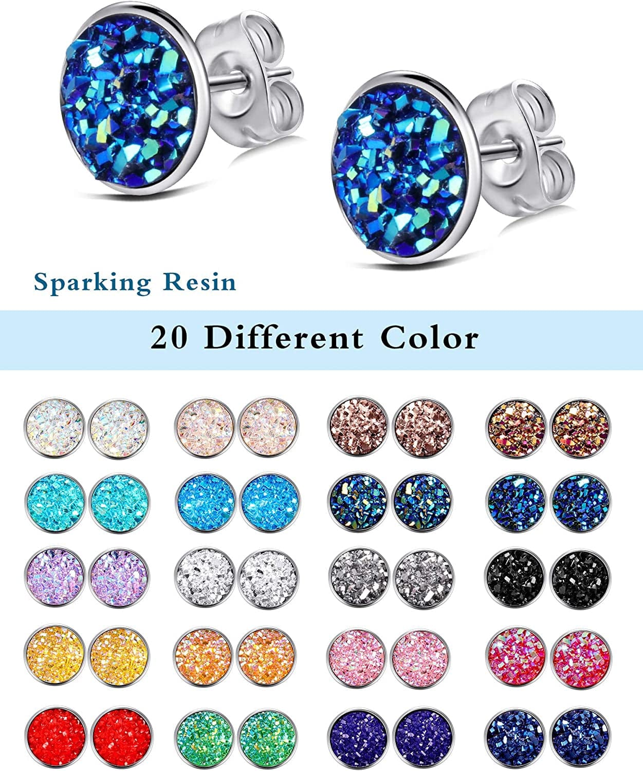 20 Pairs round Stud Earrings Stainless Steel Druzy Studs Earrings Set Anti-Sensitive Fits Women Girls