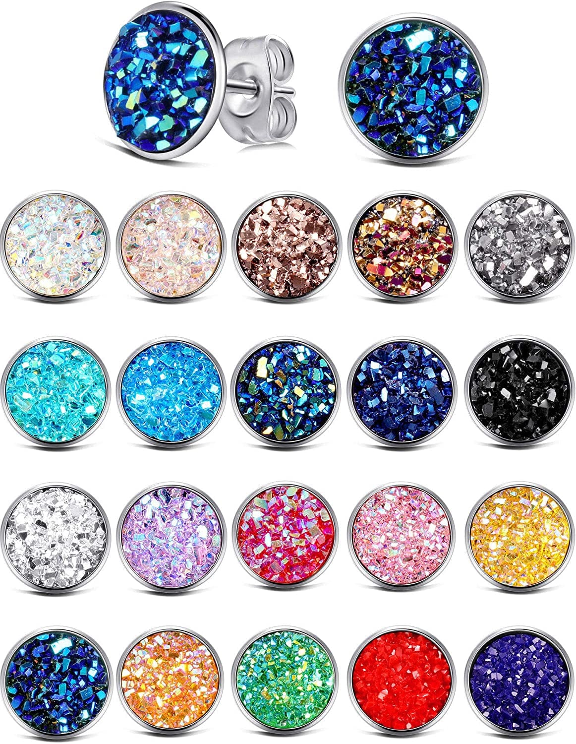 20 Pairs round Stud Earrings Stainless Steel Druzy Studs Earrings Set Anti-Sensitive Fits Women Girls 10.0 Millimeters