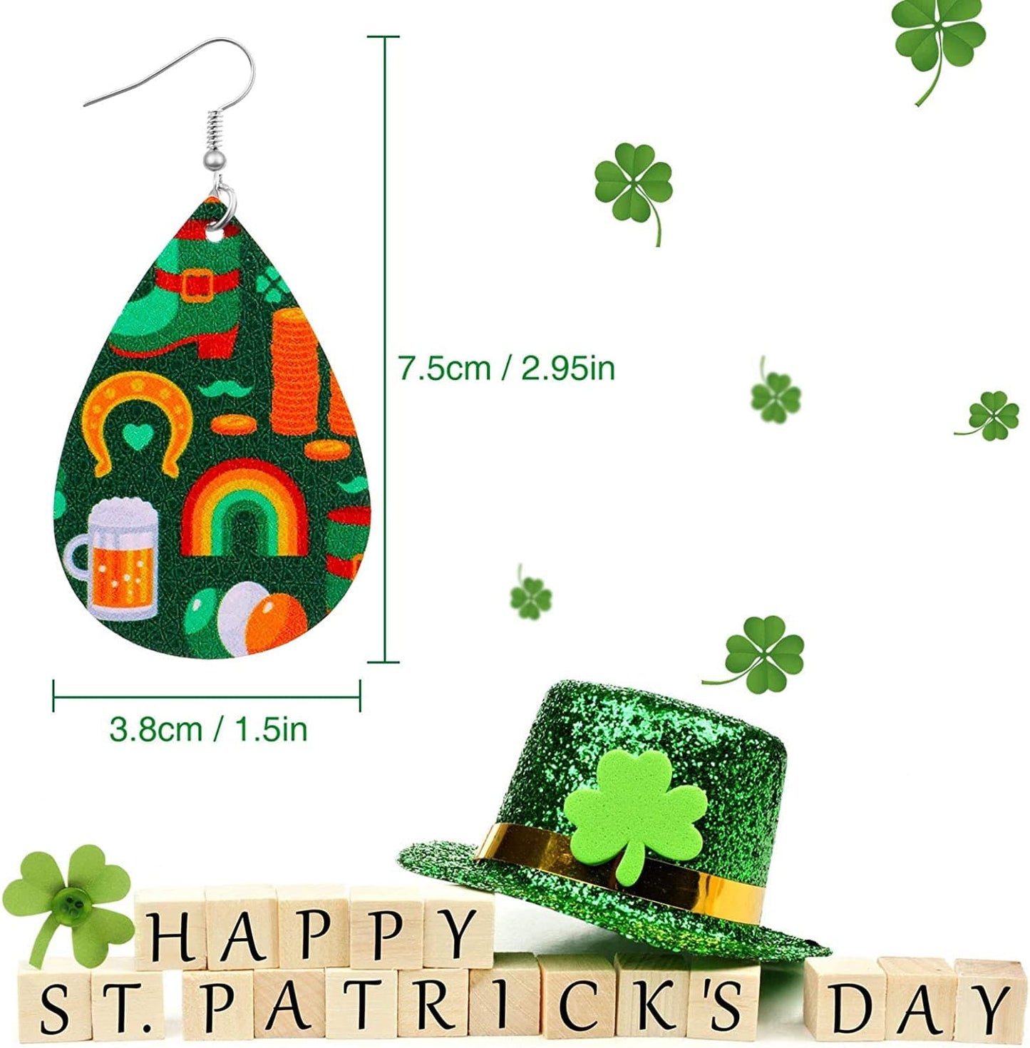 20 Pairs St. Patrick'S Day Earrings Shamrock Dangle Earring Faux Leather Clover Drop Earrings Green Teardrop Earrings for Women Gift