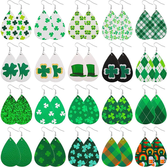 20 Pairs St. Patrick'S Day Earrings Shamrock Dangle Earring Faux Leather Clover Drop Earrings Green Teardrop Earrings for Women Gift