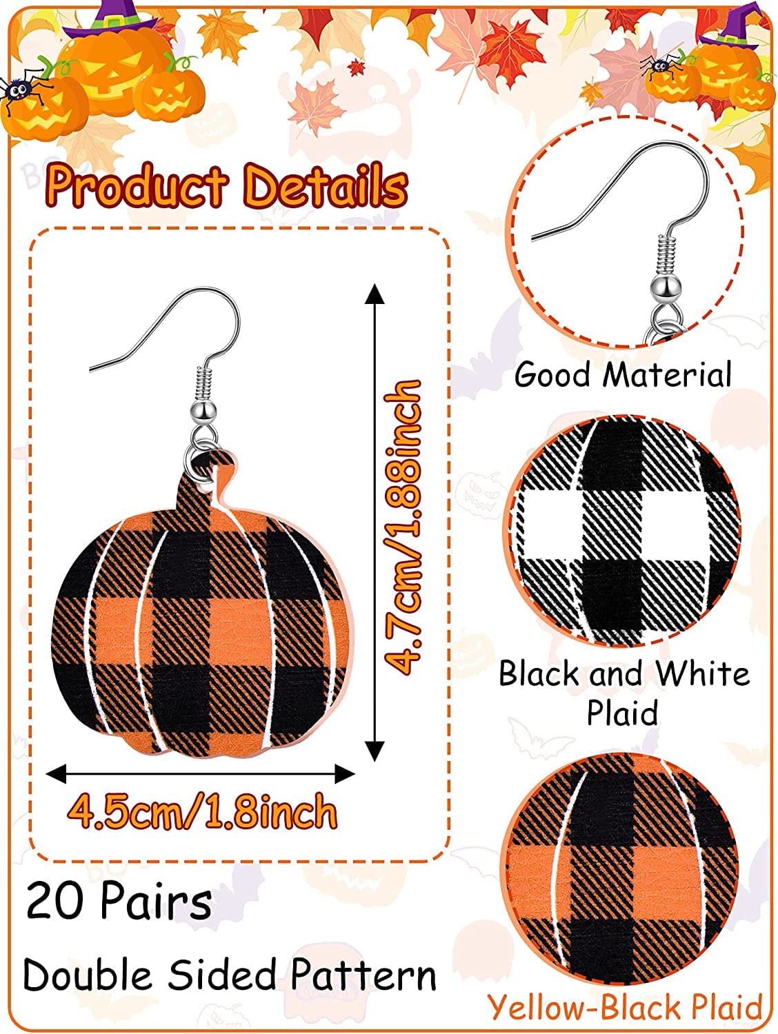 20 Pairs Thanksgiving Dangle Earrings Pumpkin Earrings Buffalo Plaid Drop Earrings Charm Faux Leather Pumpkin Earrings for Women Girls Thanksgiving Day Supplies