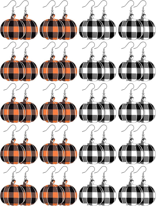 20 Pairs Thanksgiving Dangle Earrings Pumpkin Earrings Buffalo Plaid Drop Earrings Charm Faux Leather Pumpkin Earrings for Women Girls Thanksgiving Day Supplies Yellow and Black, Black and White