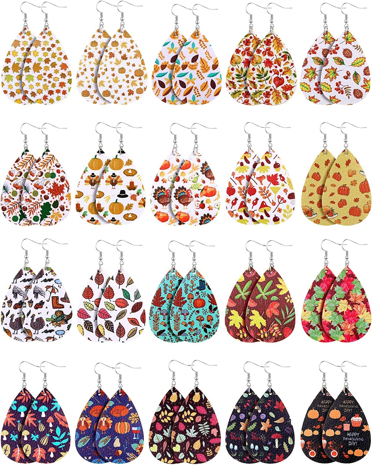 20 Pairs Thanksgiving Fall Faux Leather Earrings Pumpkin Maple Leaf Turkey Print Teardrop Dangle Earrings Apparel & Accessories > Jewelry > Earrings Hicarer