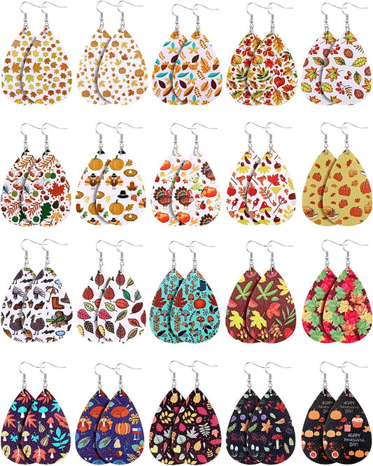 20 Pairs Thanksgiving Fall Faux Leather Earrings Pumpkin Maple Leaf Turkey Print Teardrop Dangle Earrings Apparel & Accessories > Jewelry > Earrings Hicarer