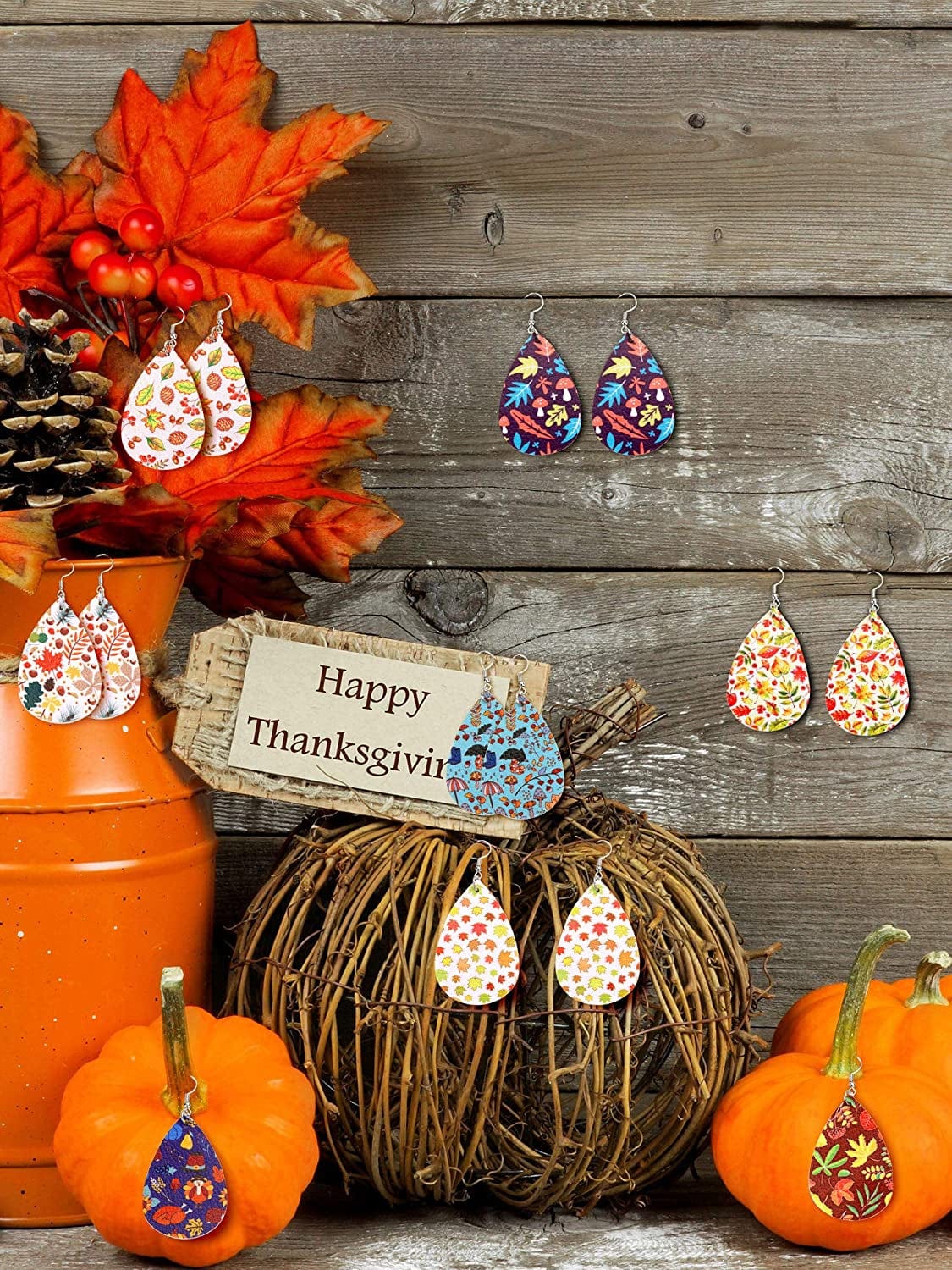 20 Pairs Thanksgiving Fall Faux Leather Earrings Pumpkin Maple Leaf Turkey Print Teardrop Dangle Earrings Apparel & Accessories > Jewelry > Earrings Hicarer