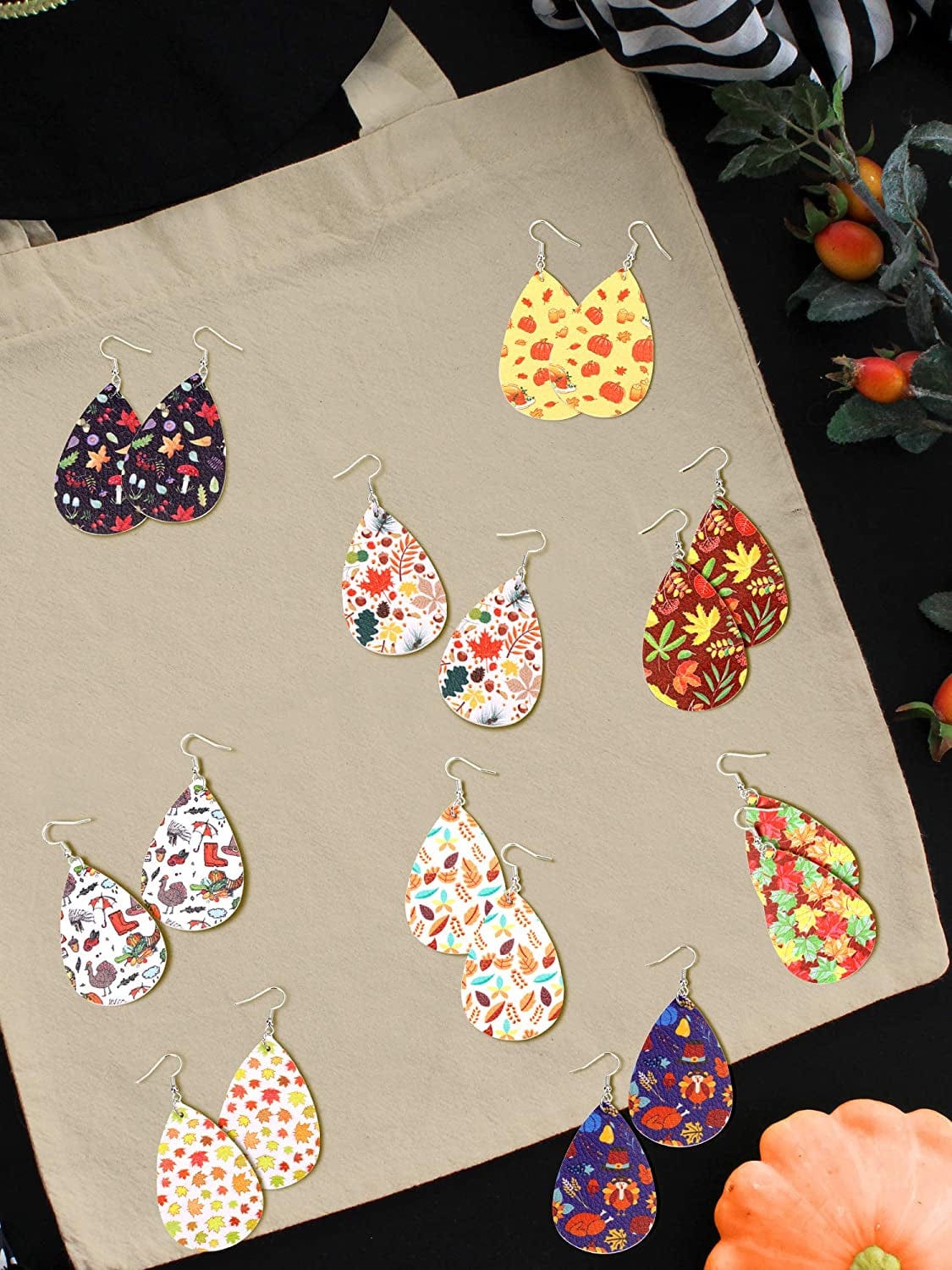 20 Pairs Thanksgiving Fall Faux Leather Earrings Pumpkin Maple Leaf Turkey Print Teardrop Dangle Earrings Apparel & Accessories > Jewelry > Earrings Hicarer